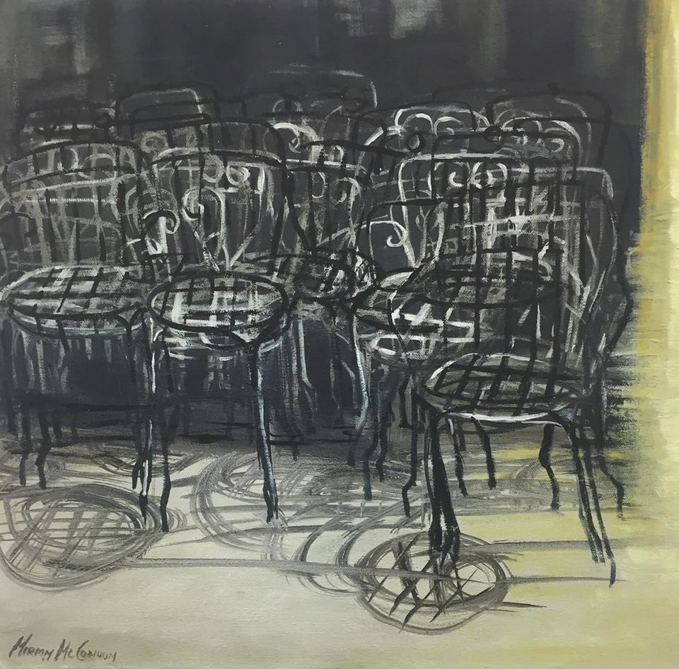 Miriam McConnon, 'Tangled Chairs', oil on canvas, 2017, 46 x 46cm | Resurfacing | Thursday 6 August  – Friday 28 August 2020 | Olivier Cornet Gallery