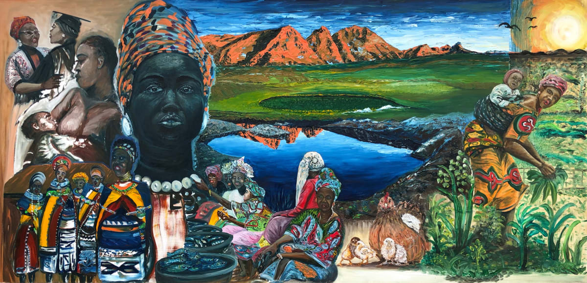 Ajao Adelowokan, The Unsung Heroines, 2019, oil on MDF wood panel, 244 x 122cm | SURVEYOR 2020 | From 21 November 2020  | Solstice Arts Centre