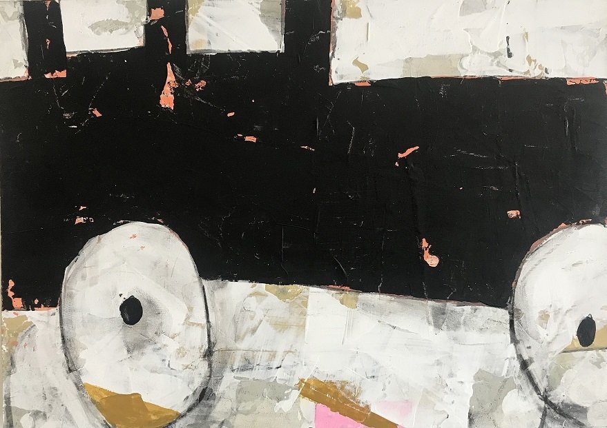 Kelly Ratchford, The Get Away, acrylic, emulsion, spray paint, ink an charcoal on wood panel, 35 x 25cm, 2021 | Jam Havoc | Sunday 14 March  – Sunday 11 April 2021 | Olivier Cornet Gallery