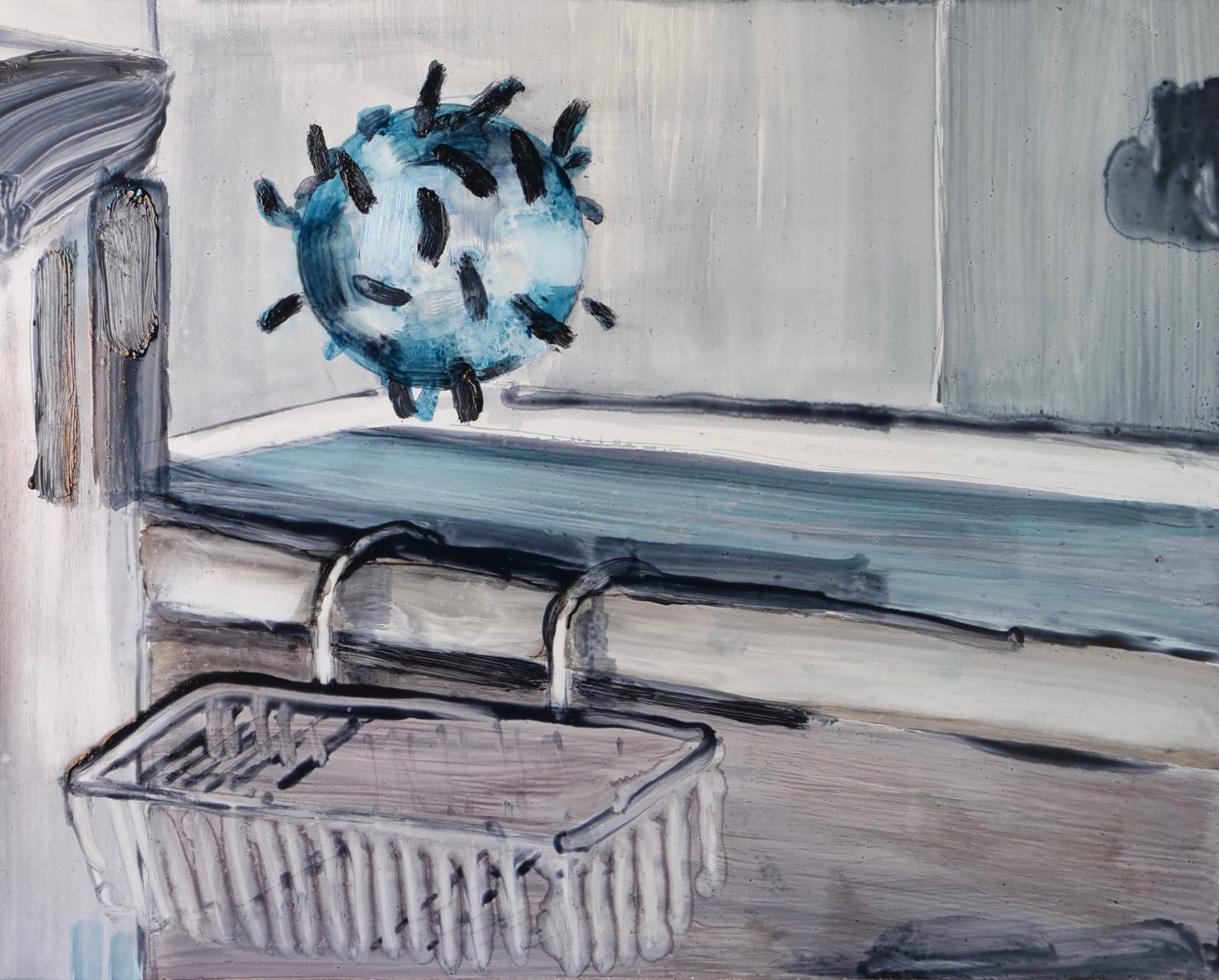 Robert Armstrong: Floating Covid, 2021, oil on panel, 24 x 30cm | Robert Armstrong: Covideos and Covid Paintings | Tuesday 9 March  – Monday 22 March 2021 | Kevin Kavanagh