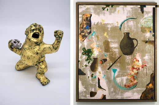left: Damien Flood, Crying Man (Skull), 2020, Unique hand-made coil wound earthenware clay, glaze with 22 carat gold leaf overlay, 13 x 10 x 10 cm, Courtesy of the artist and Green On Red Gallery; right: Damien Flood, Roam, 2020, Oil on linen, 106 x 86 cm, Courtesy of the artist and Green On Red Gallery | Damien Flood: Tilt | Monday 10 May  – Sunday 1 August 2021 | Royal Hibernian Academy