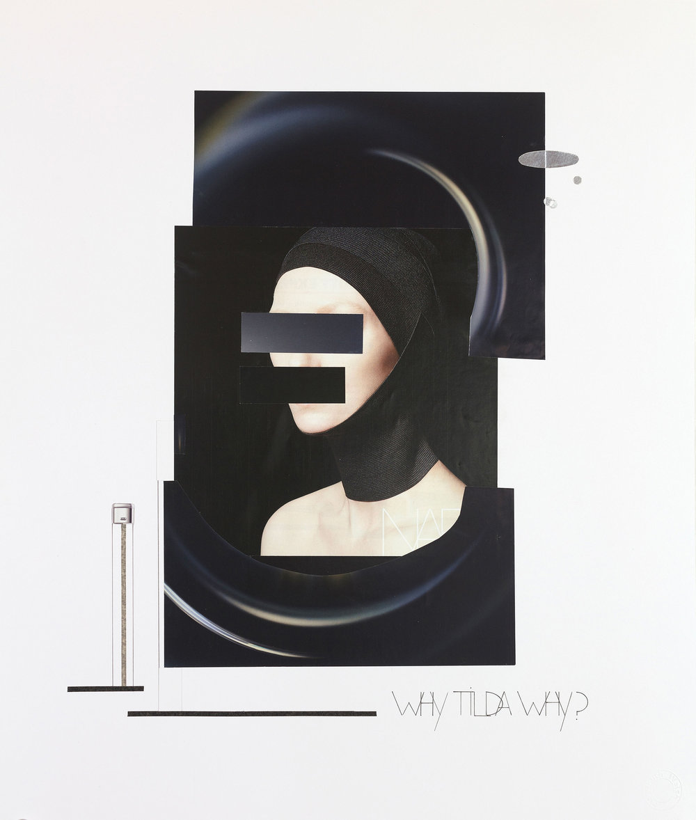 Mary-Ruth Walsh: Why Tilda Why?, collage and pen on paper, 52x46cm; from www.maryruthwalsh.org/work | Mary-Ruth Walsh: Skin Deep | Thursday 13 May  – Sunday 27 June 2021 | Limerick City Gallery