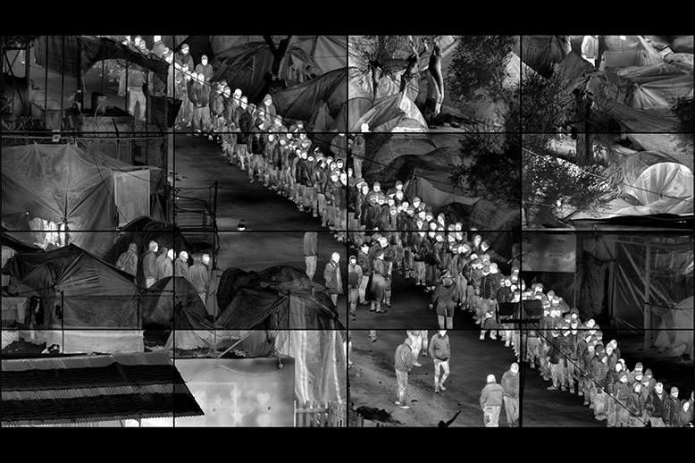 Richard Mosse, 'Grid (Moria)', 2017, Produced in Moria refugee camp, Lesbos, Greece, 2016-2017, Sixteen channel HD video grid in a 4x4 array. No audio. 6 minutes 52 seconds. © Richard Mosse. Courtesy of the artist, Jack Shainman Gallery and carlier | gebauer | Richard Mosse: Incoming and Grid (Moria) | Friday 11 June  – Sunday 29 August 2021 | Butler Gallery