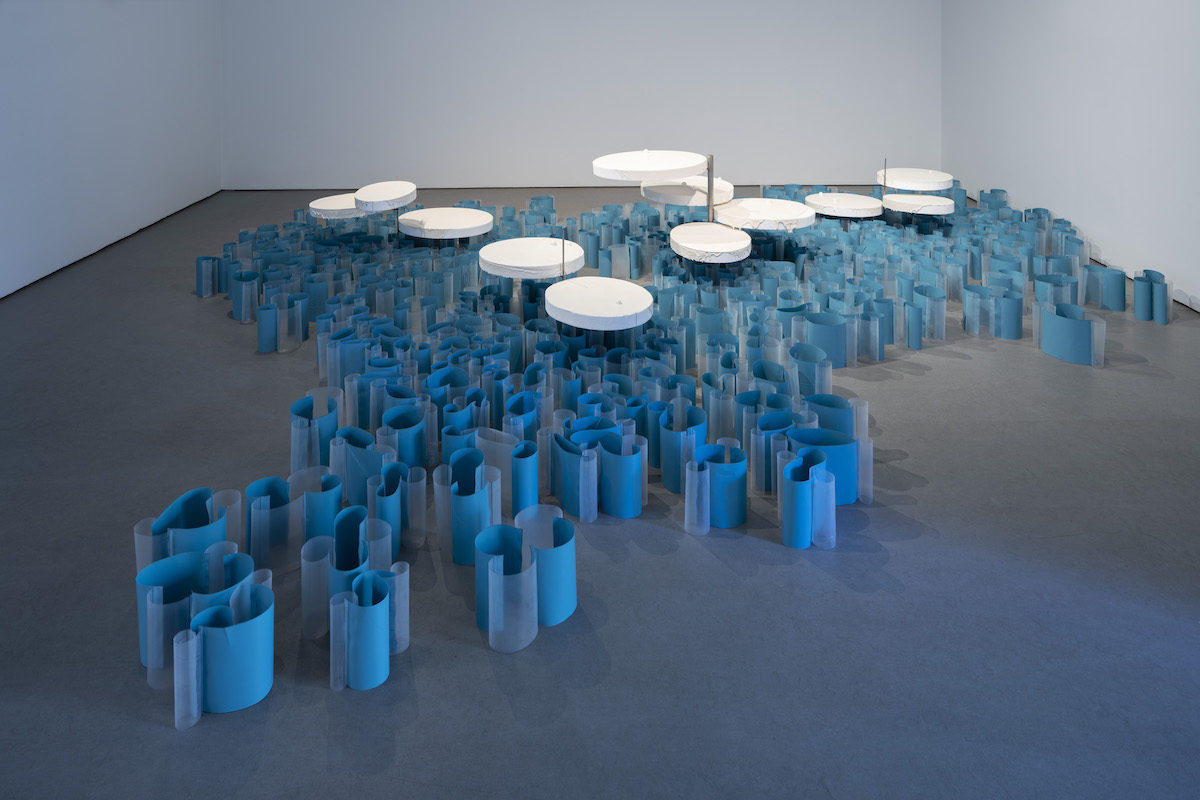 Maud Cotter, the moon is falling, 2018, plastic sheeting, prestia, aeroboard, stainless steel, dimensions variable. LCGA exhibition. Photography by Roland Paschhoff. Courtesy the artist and domobaal. | Maud Cotter: a consequence of – a dappled world | Wednesday 2 June  – Sunday 8 August 2021 | Hugh Lane Gallery