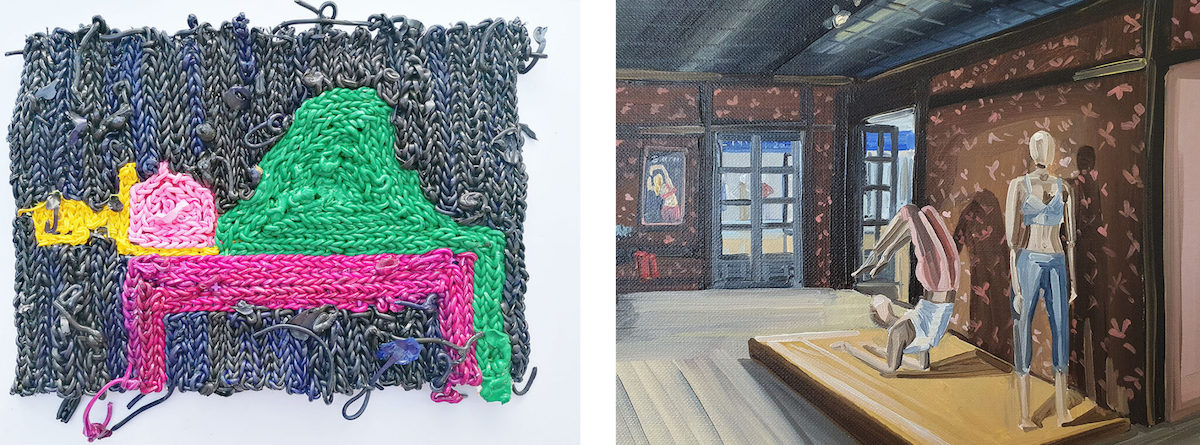 Left: Emma Roche, Unqualified, 2020, acrylic on rug canvas, 26 x 37cm; right: Ciara Roche, Mannequin Pose 2, 2021, oil on paper, 15 x 21cm | Ciara Roche and Emma Roche: Ochre | Monday 14 June  – Saturday 7 August 2021 | Wexford Arts Centre