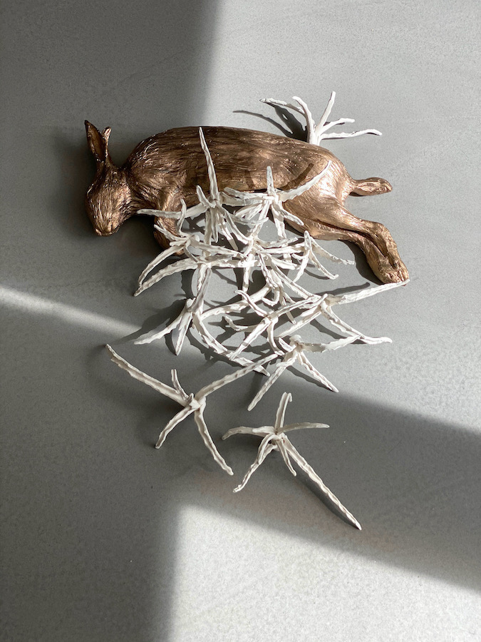 Cecilia Bullo: I was once a Liminal Daughter, 2021, bronze, porcelain, Sertraline, Aloe Vera extract, medical shunts, stainless steel | Cecilia Bullo: Bleach Those Tongues: Dystopian Assemblages | Thursday 8 July  – Saturday 7 August 2021 | Hillsboro Fine Art