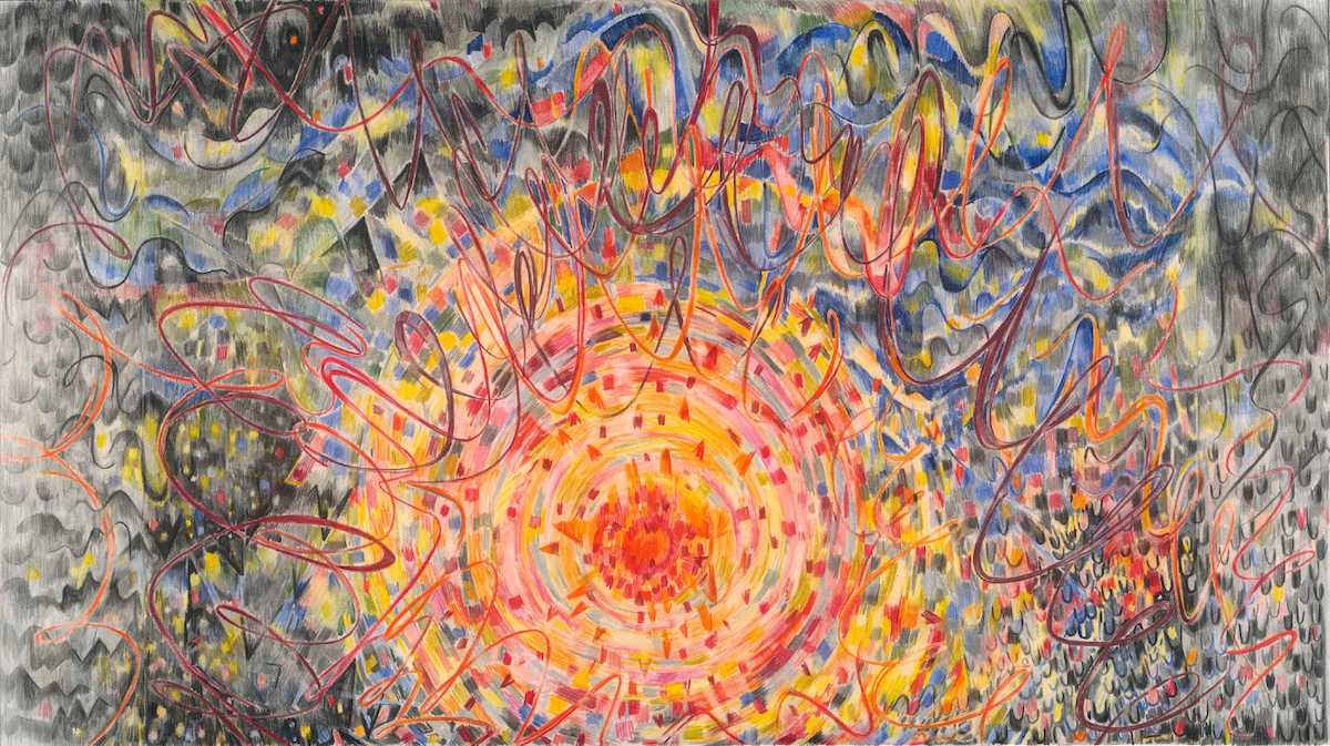 Isabel Nolan: Tapestry Drawing (Red Sun), 2021, pencil on paper, 42 x 74.5 cm. Courtesy of the artist and Kerlin Gallery, Dublin. | Isabel Nolan: A delicate bond which is also a gap | Saturday 3 July  – Saturday 28 August 2021 | Solstice Arts Centre