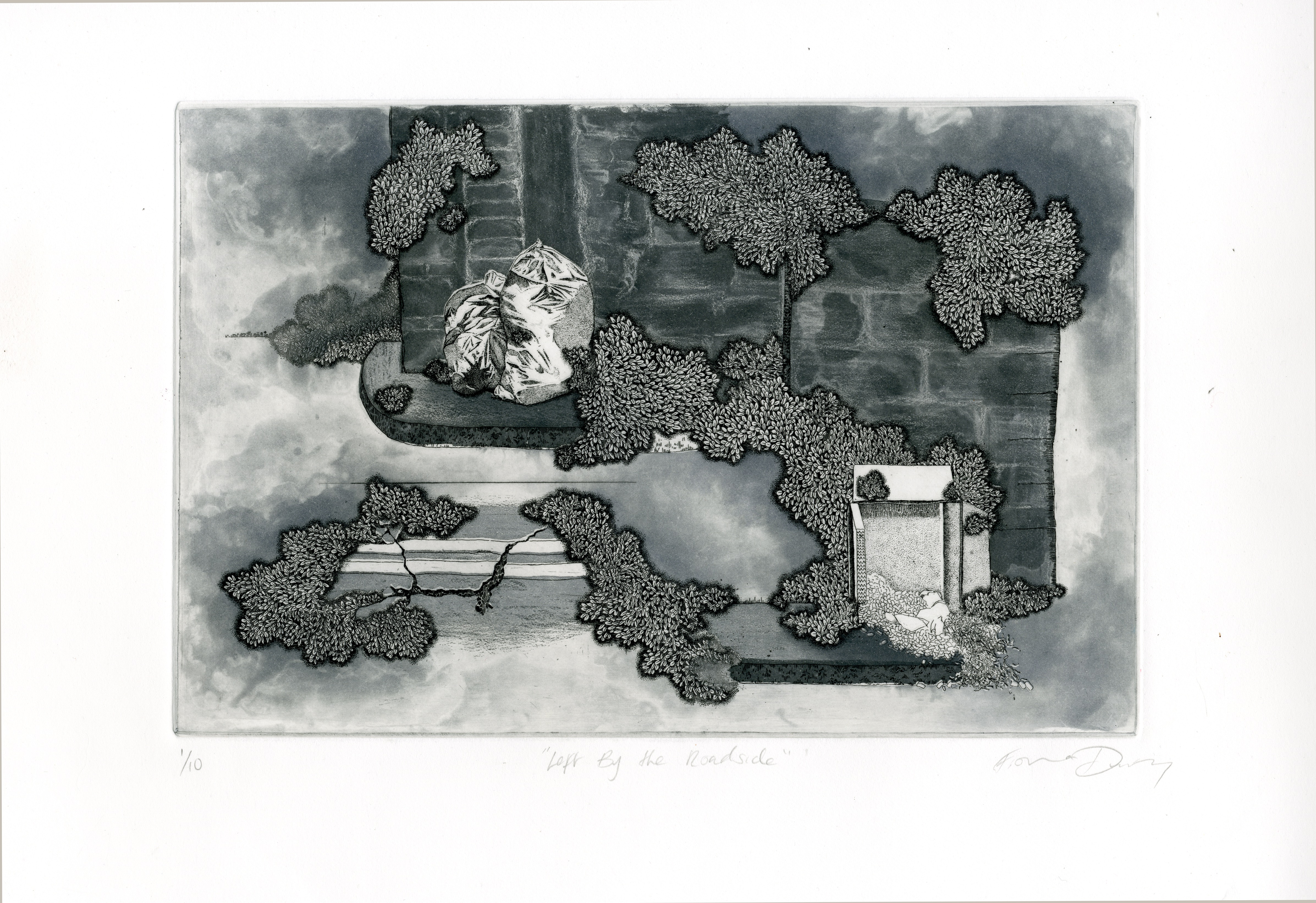 Fiona Duffy, 'Left by the Roadside', Etching with aquatint, Edition of 10, Paper Size: 50h x 58w cm | Graduates At SO | Thursday 5 August  – Saturday 21 August 2021 | SO Fine Art Editions