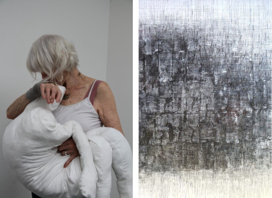 Left: Patricia Therry, The Waiting Room, 2020-21, performance (video still)
Right: Gerda Teljeur, Cocooning, 2020, ink on paper, 155 x 150cm | The Age of Reason / Unreason (Part 3) | Monday 16 August  – Wednesday 6 October 2021 | Wexford Arts Centre