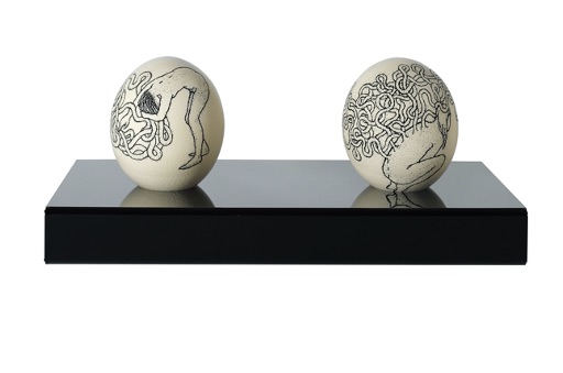 Alice Maher RHA, Leda’s Daughters (song of the worms), Scrimshaw on ostrich eggs, Each 15 x 12cm, Shelf 51 x 27cm, Image courtesy of the artist. | 191st RHA Annual Exhibition | Monday 27 September  – Saturday 30 October 2021 | Royal Hibernian Academy