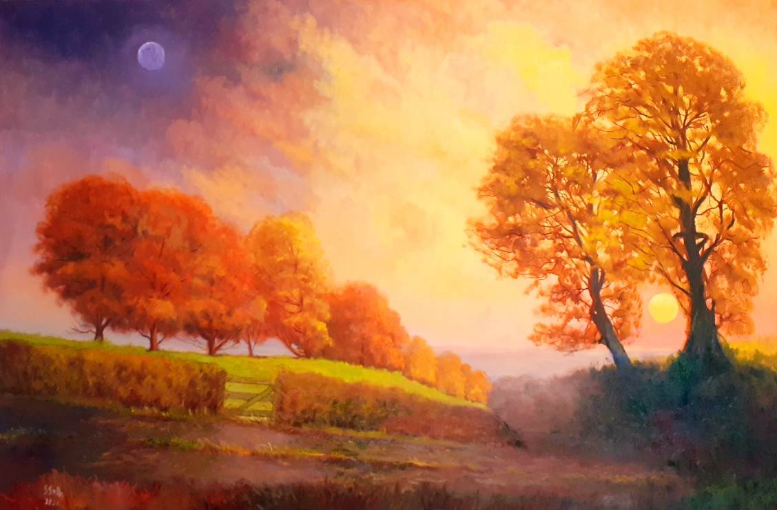 Seamus Smyth: The Rising Moon and Setting Sun, oil on canvas | Seamus Smyth: Celebrating 50 Years | Friday 1 October  – Friday 15 October 2021 | Solstice Arts Centre