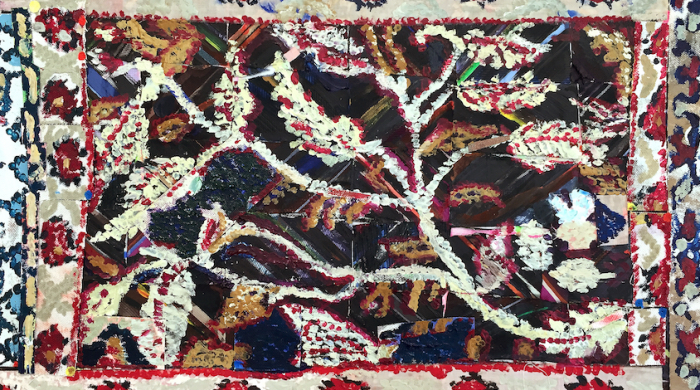 Mark Swords, The Garden (detail), 2021, Acrylic and various materials on canvas, 35 x 46 cm, image courtesy of the artist. | Mark Swords: Tribuna | Friday 26 November 2021  – Sunday 23 January 2022 | Royal Hibernian Academy