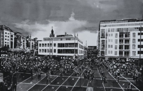 Joy Gerrard: Protest Crowd ( Black Lives Matter, Belfast, 6th June 2020), ink on paper mounted on aluminium, white box frame, 40cm x 58 cm. (2021) Photography; Simon Mills | Joy Gerrard: Testing / testing | Saturday 27 November 2021  – Saturday 29 January 2022 | The Source Arts Centre