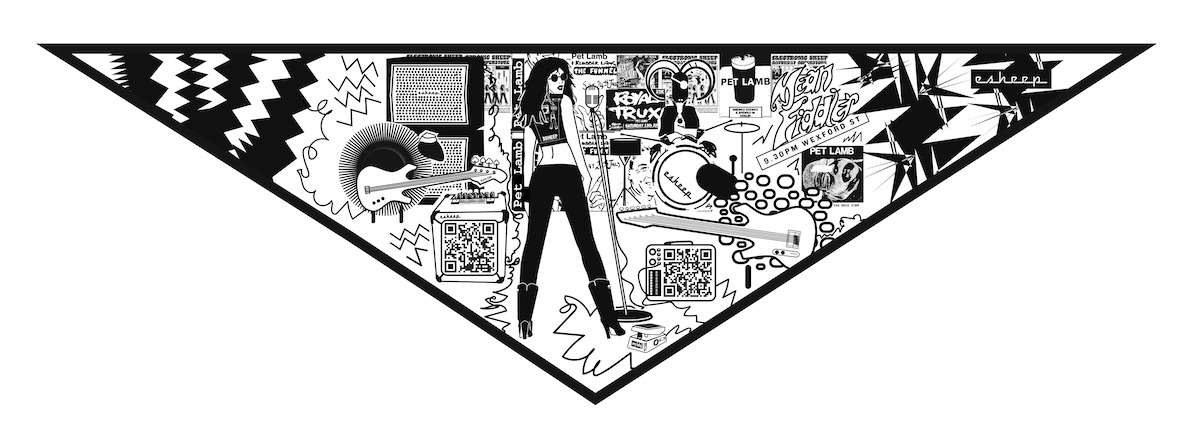 EF3-A, The Mean Fiddler 9.30pm Wexford St triangle scarf; size 188cm x 60cm, yarn100 merino wool. © 2021 Electronic Sheep. | ELECTRONIC SHEEP: Electro-Fuse | Friday 19 November 2021  – Friday 11 February 2022 | NCAD Gallery