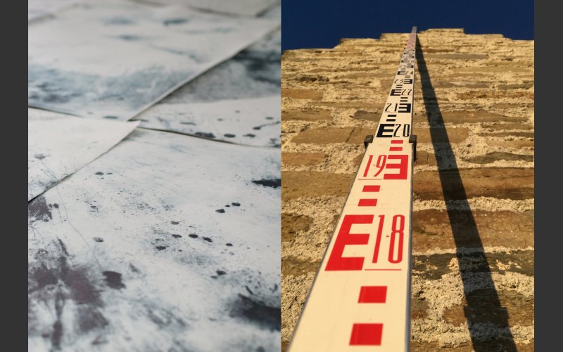 left: Cora Cummins, Monument (detail). Photograph by Áine Teahan;
right: Saoirse Higgins, Height Above Sea Level, St Boniface | Cora Cummins and Saoirse Higgins: On Steady Ground / Unsteady Ground | Saturday 11 December 2021  – Sunday 13 March 2022 | Municipal Gallery