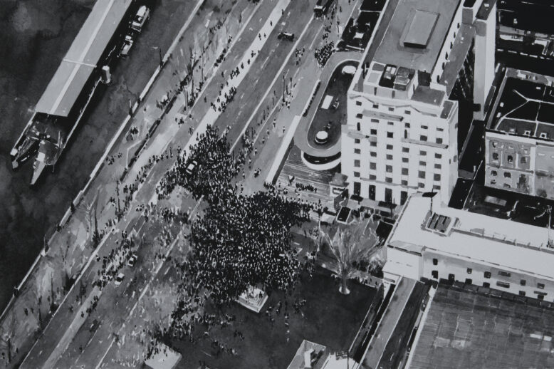 

Joy Gerrard: Protest and Vigil, London, (March the 14th 2021, Scotland Yard), 2021, ink on paper 38 x 25cm. Photograph by Simon Mills

 | Joy Gerrard: Precarious Freedom: Crowds, Flags, Barriers | Saturday 22 January  – Sunday 3 April 2022 | Butler Gallery