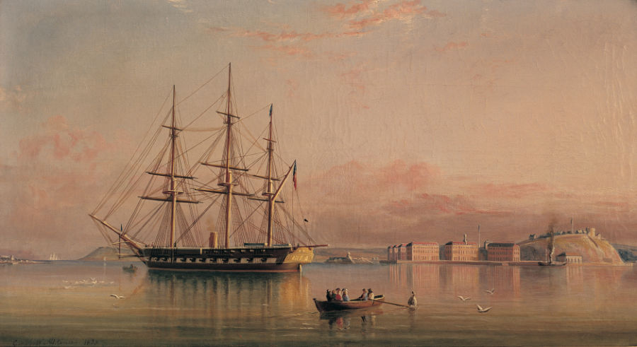 George Mounsey Wheatley Atkinson, Naval Steam Frigate Moored off Queenstown (with Haulbowline in Background), 1838. Collection Crawford Art Gallery | The Port of Cork Collection | Saturday 26 February  – Sunday 28 August 2022 | Crawford Art Gallery