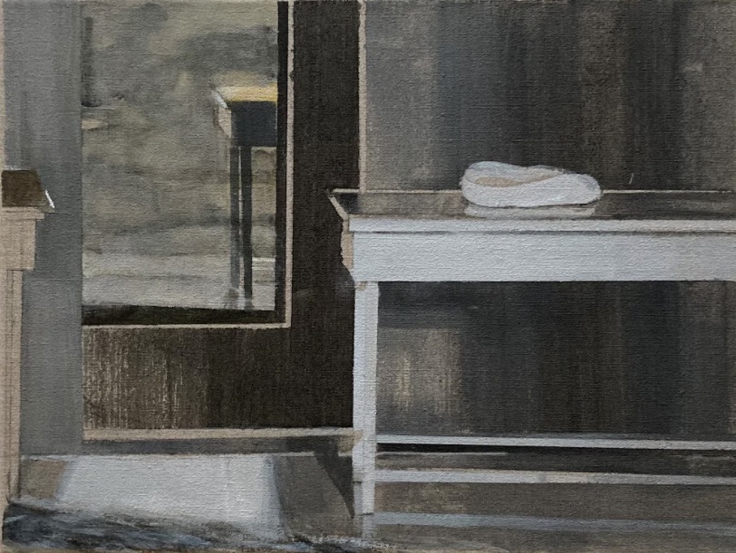 Cathy Dorman, Domestic Planes II (detail), 2022, acrylic & graphite on natural linen 30 x 40cm, © Cathy Dorman | Cathy Dorman: Domestic Planes | Monday 14 March  – Sunday 3 April 2022 | Royal Hibernian Academy