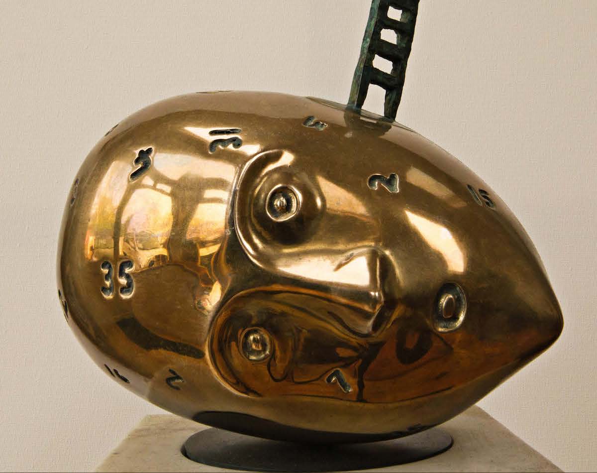 Tom Fitzgerald, detail, Death by Numbers, 2005; bronze, stainless steel, marble, wood, 106 x 30 x 34cm; collection of University of Limerick, UL | Tom Fitzgerald: Spirit Music | Thursday 3 March  – Sunday 8 May 2022 | Limerick City Gallery