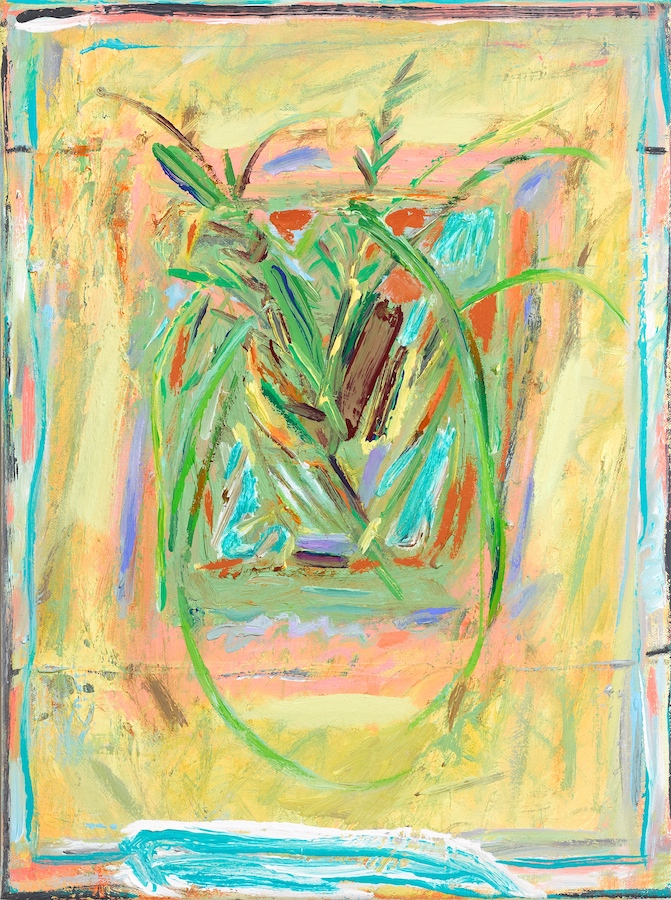 Lesley-Ann O'Connell, Grass, Wall, Window, 2021, oil on canvas, 40 x 30 cm | Lesley-Ann O’Connell: Yellow, Pink and Blue Horizon | Thursday 21 July  – Saturday 13 August 2022 | Kevin Kavanagh