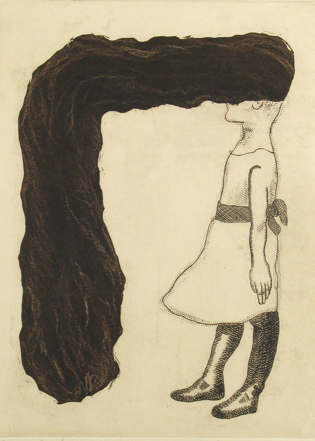 Alice Maher, Talking to My Hair, 1994, Etching and aquatint on paper. Collection & image © Hugh Lane Gallery. Presented by the Graphic Studio Gallery, Dublin, 1998.© Alice Maher. | Bones in the Attic | Thursday 11 August  – Sunday 30 October 2022 | Hugh Lane Gallery
