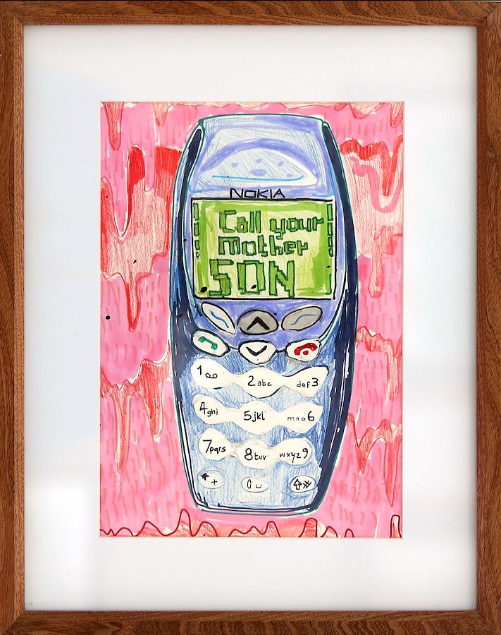Sheila Rennick, Call your Mother, 2022, Inks and Marker on A4 Paper, 41.5 x 33 cm (framed) | Sheila Rennick: Neon Orchids | Tuesday 20 September  – Sunday 16 October 2022 | Kevin Kavanagh