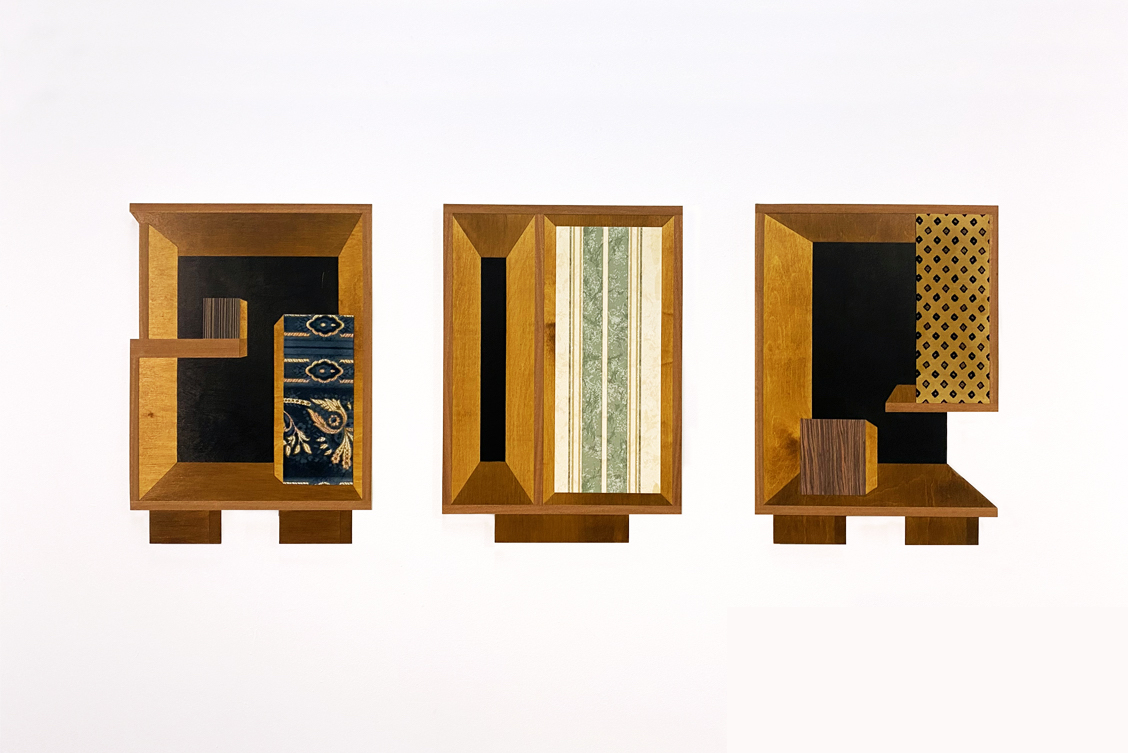 Winner of Solstice Visual Arts Award 2022: Hazel O'Sullivan, 'Unit 1', 'Unit 2', 'Unit 3', 2022, wood stain, veneer, fabric on birch plywood, 70 x 50cm | SURVEYOR 2022 | Saturday 5 November  – Wednesday 21 December 2022 | Solstice Arts Centre