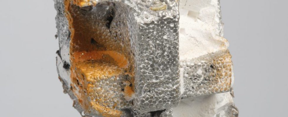 Brendan-Earley-Head-feeling-knackered2020-Pewter-spent-batteries-plaster-paint-glitter-and-steel-22-x-21-x-19cm-Image-courtesy-of-the-artist