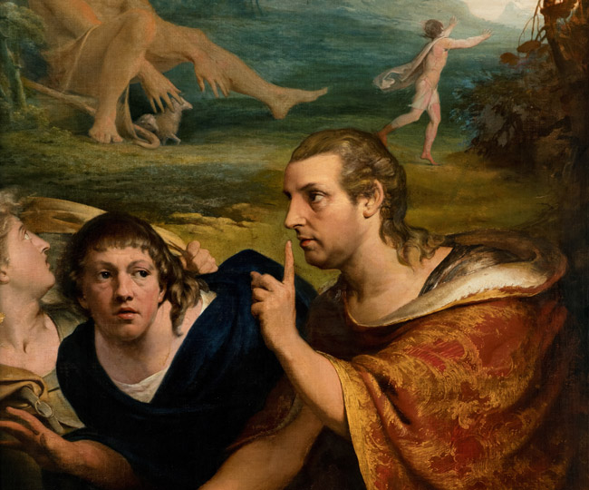 James Barry, Portraits of Barry and Burke as Ulysses and a Companion fleeing the Cave of Polyphemus (detail), c.1776 | BEHIND THE SCENES: Collection at Work | Saturday 26 November 2022  – Monday 10 April 2023 | Crawford Art Gallery | Image: James Barry, Portraits of Barry and Burke as Ulysses and a Companion fleeing the Cave of Polyphemus (detail), c.1776 – we see Edmund Burke, Barry's patron and pal, at the right but looking left across the canvas; he is raising an admonishing finger which Barry is looking towards from behind and to the left of the canvas; in the background someone is fleeing while a giant is seising what may be a sheep 