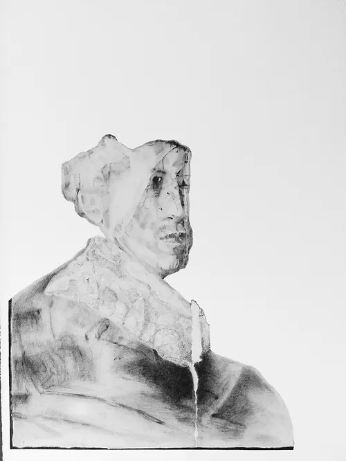 Brian Fay: From a speculative reconstruction of underlying figure – macro x-ray – Rembrandt Old Man in Military Costume, Pencil on Paper 2016 | Brian Fay: The Most Recent Forever | Thursday 1 December 2022  – Sunday 12 February 2023 | Limerick City Gallery