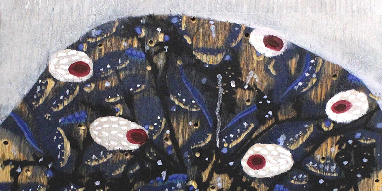 Róisín O'Sullivan: I Flow, I Float, 2022, oil on carved plywood, 26 x 27 cm | Róisín O’Sullivan: I See Skies | Thursday 1 December 2022  – Saturday 1 April 2023 | Triskel Arts Centre | Image: Róisín O'Sullivan: I Flow, I Float, 2022, oil on carved plywood, 26 x 27 cm – semi-abstracted organic-looking objects painted on wood 