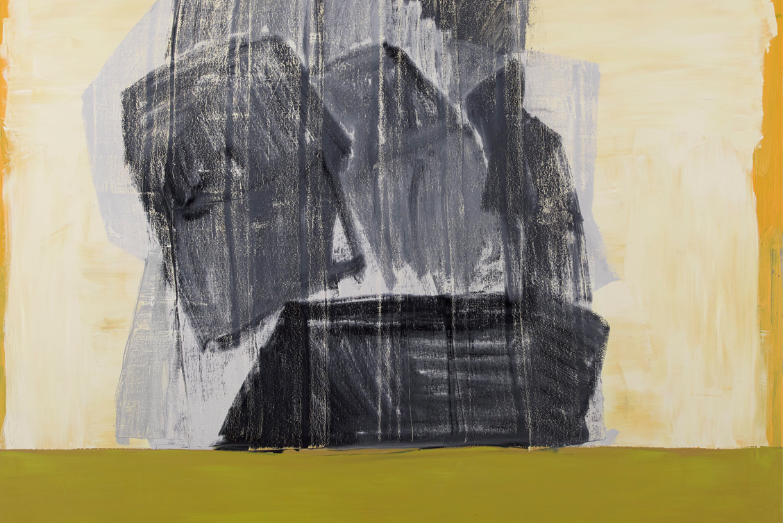 Sinéad Ní Mhaonaigh: Monument No.2 (detail), 2020, oil on canvas, 182 x 182cm; courtesy of the artist, Kevin Kavanagh Gallery, Dublin & 532 Gallery Thomas Jaeckel, New York | Sinéad Ní Mhaonaigh: Deep Mapping: Unseen Landscapes | Saturday 11 February  – Friday 31 March 2023 | Solstice Arts Centre | Image: Sinéad Ní Mhaonaigh: Monument No.2, 2020, oil on canvas, 182 x 182cm; courtesy the artist, Kevin Kavanagh Gallery & 532 Gallery Thomas Jaeckel, New York – painting depicting a roughly sketched grey-and-black, chunky monument (?) resting on a chemical-green plain 