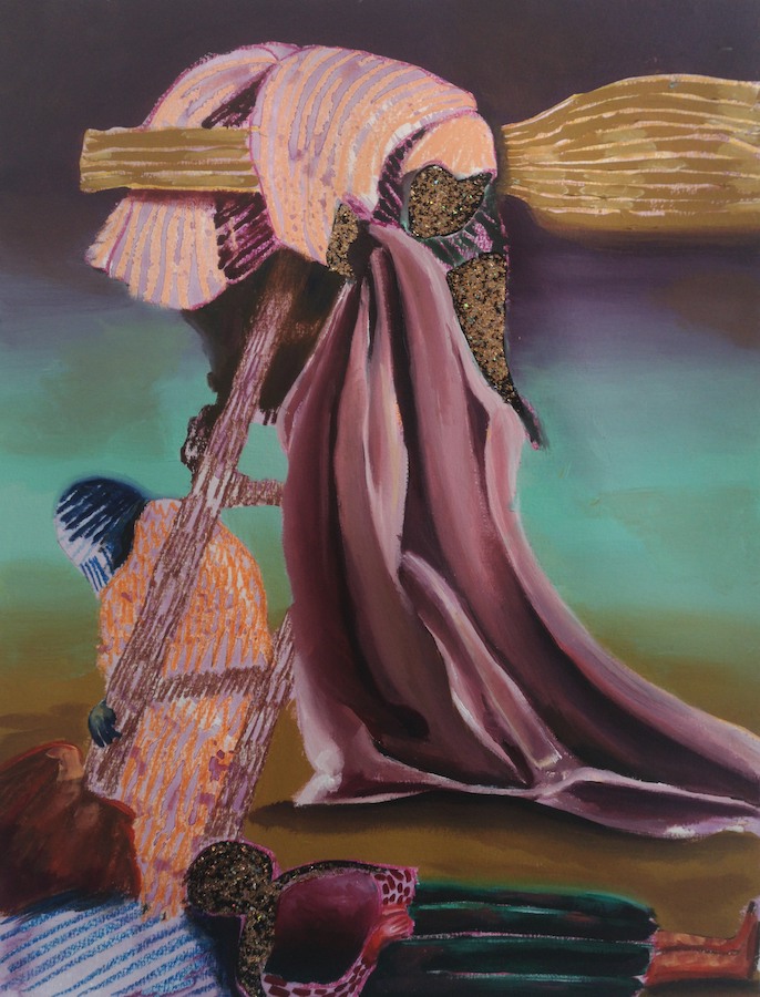 Eleanor McCaughey: shadows hold their breath, oil, gouache, wax crayon and glitter on Fabriano, 2022, 30 x 40cm | Eleanor McCaughey: Forget your cares, sow your wild oats, sin is a wonderful disease | Thursday 5 January  – Saturday 28 January 2023 | Kevin Kavanagh