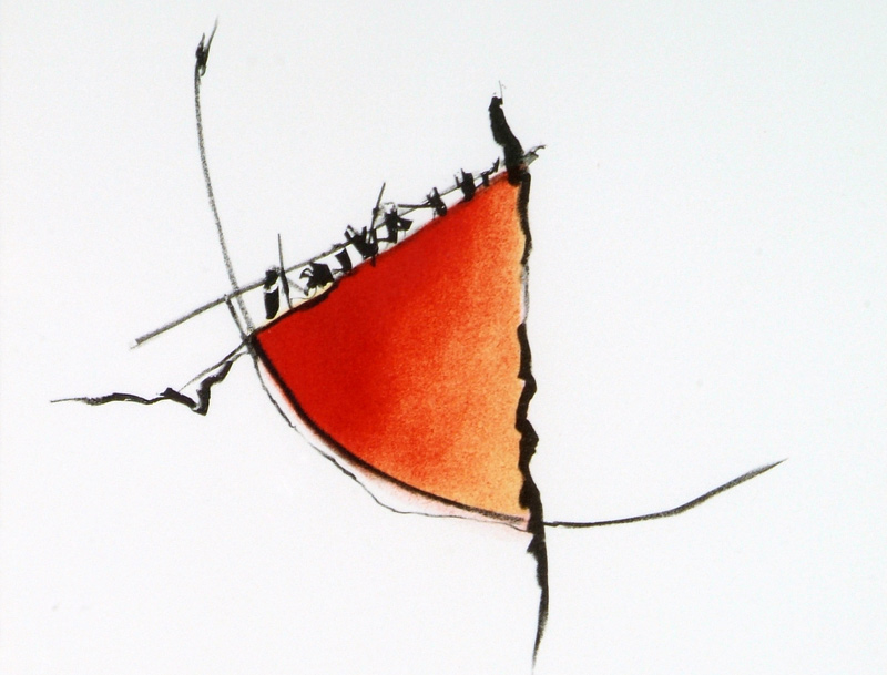 © Katherine Boucher Beug, Thought Before Song (detail), 1994. | Radharc: Perspectives in Print | Saturday 4 February  – Sunday 21 May 2023 | Crawford Art Gallery | Image: © Katherine Boucher Beug, Thought Before Song (detail), 1994 – a triangular or flattened cone shape in red cross-fading to orange-yellow towards the right; outlines in dark strokes delimit and go beyond this coloured shape 