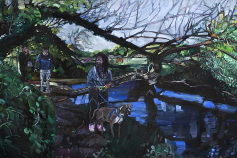Vera Klute: Tolka Valley Park (Island), 2020, oil on board, 65 x 122cm | 80th Anniversary Collection Show Featuring New Acquisitions | Saturday 11 February  – Sunday 2 April 2023 | Butler Gallery | Image: Vera Klute: Tolka Valley Park (Island), 2020, oil on board, 65 x 122cm – a nature scene painted fairly naturalistically; three people, ages hard to discern, plus a dog on a leash; they're by a wide sream in a woody area; a tree branch loops over the three and reaches out over the stream; the light is dappled  
