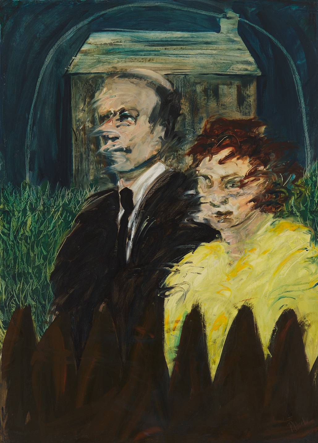 Patricia Hurl: Irish Gothic (Living Room), oil on paper, 123 x 90 cm; photo: Denis Mortell Photography; image copyright the artist | Patricia Hurl: Irish Gothic | Friday 10 February  – Sunday 21 May 2023 | IMMA | Image: Patricia Hurl: Irish Gothic (Living Room), oil on paper, 123 x 90 cm; photo: Denis Mortell Photography; image copyright the artist – the painting is a take on Grant Wood's American Gothic; we see a couple in the foreground behind top top of a saw-toothed wooden fence; behind is a traditional farmhouse; the style has much more vigorous brushstrokes than American Gothic 