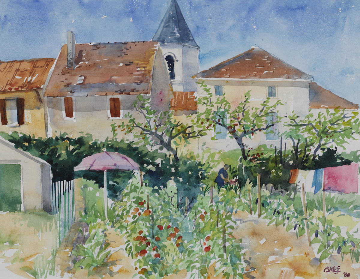 Brett McEntagart, Back Garden, Issigeac, Dordogne, 1988, watercolour, 31 x 40cm. Courtesy of the artist. Photography: Gillian Buckley. | Brett McEntagart RHA: A Retrospective | Friday 17 February  – Sunday 26 March 2023 | Royal Hibernian Academy