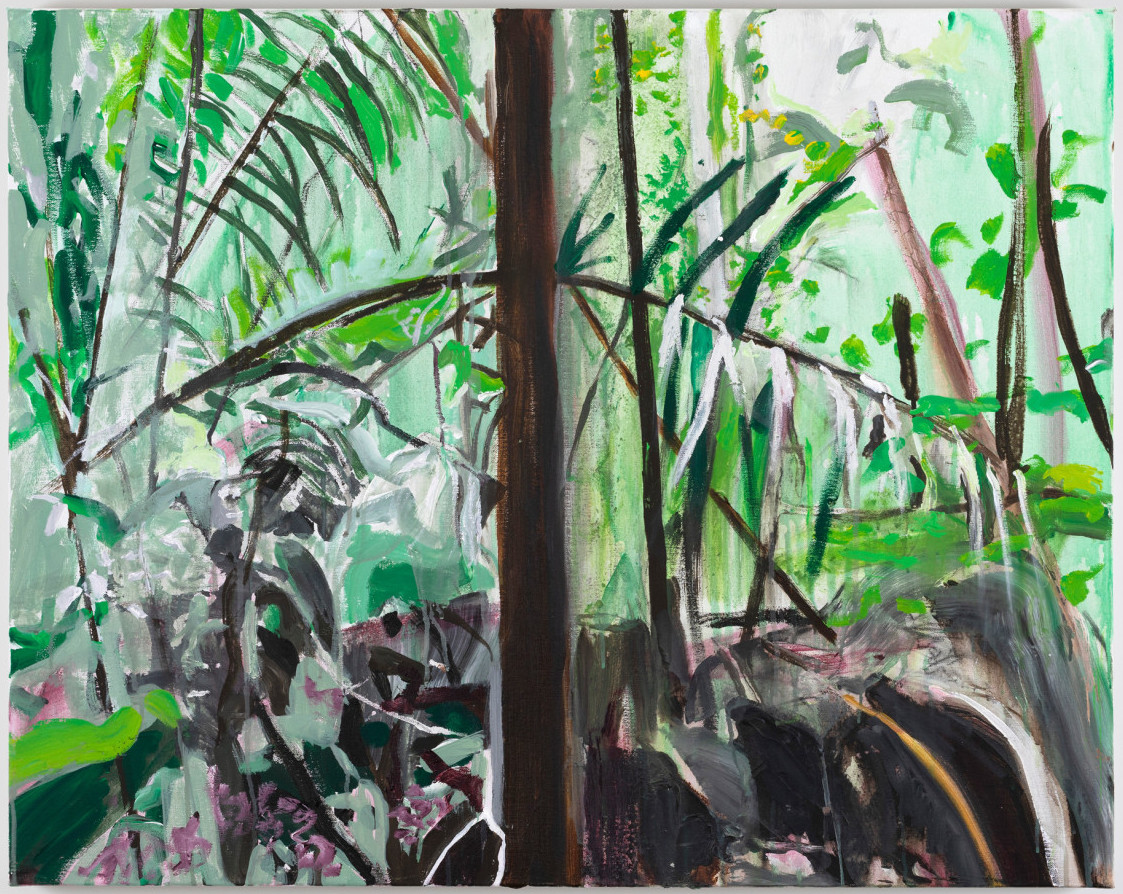 Brian Maguire: Untitled, 2023, acrylic on canvas, 73 x 92 cm / 28.7 x 36.2 in | Brian Maguire: The Clock Winds Down | Friday 3 March  – Thursday 6 April 2023 | Kerlin Gallery | Image: Brian Maguire: Untitled, 2023, acrylic on canvas, 73 x 92 cm / 28.7 x 36.2 in – view inside a tropical forest, with a dark trunk bisecting the image 