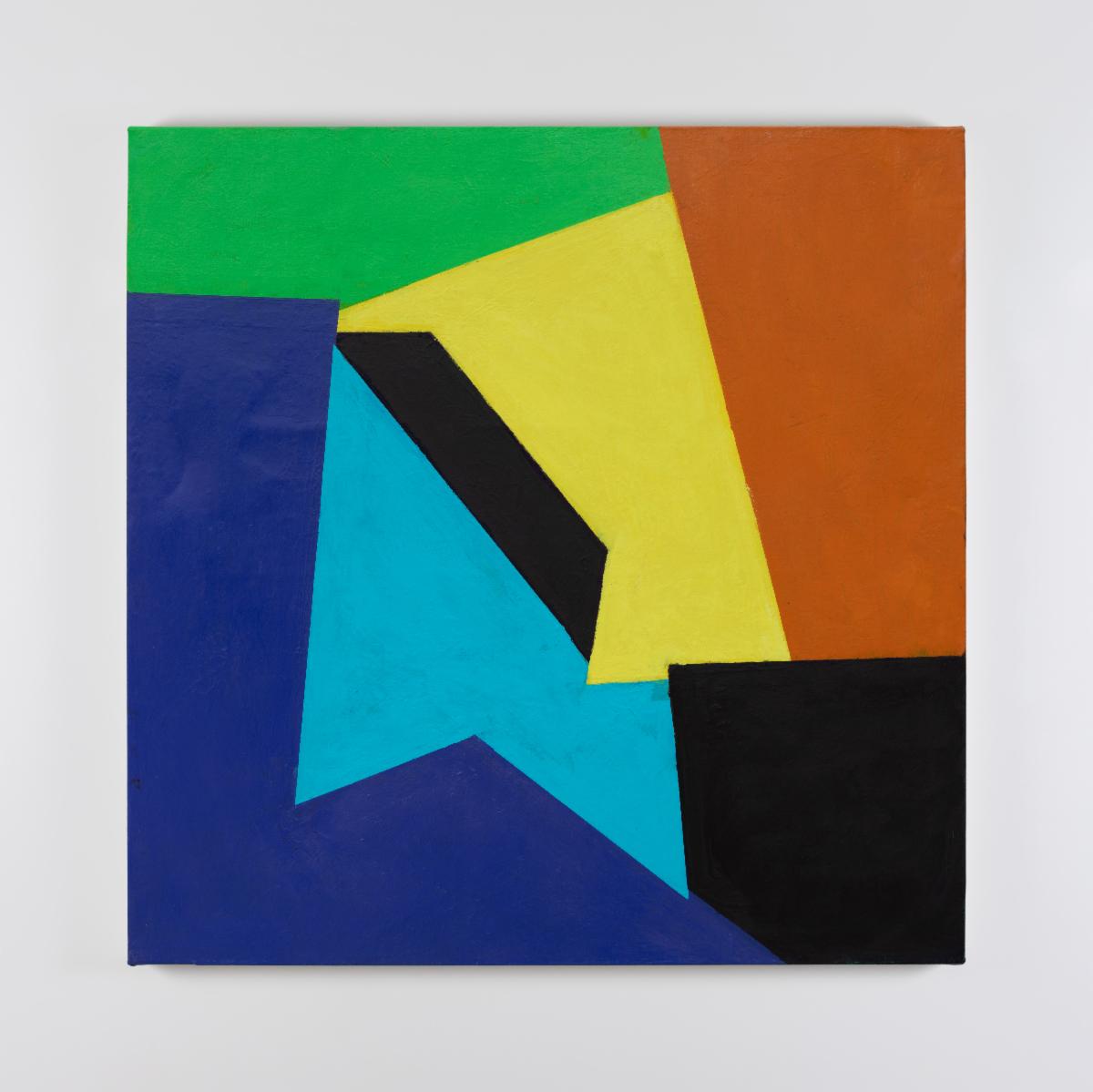Richard Gorman: CARRA, 2022, oil on linen, 100 x 100cm | Richard Gorman: Living through Paint(ing) | Thursday 9 March  – Sunday 20 August 2023 | Hugh Lane Gallery | Image: Richard Gorman: CARRA, 2022, oil on linen, 100 x 100cm – square painting, abstract composition in which interlocking geometrical shapes are rendered in strong, even colours 