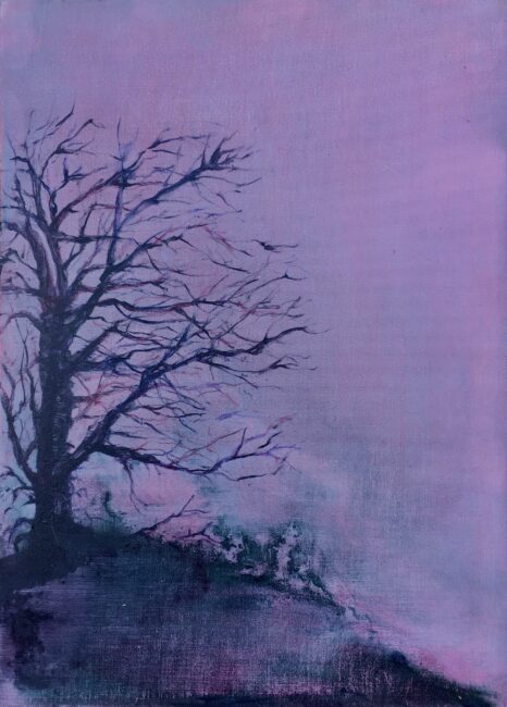 Eilis O’Toole: In a Landscape | Saturday 11 February  – Saturday 6 May 2023 | Garter Lane Arts Centre | Image: painting of wintry landscape in reddish purples and purplish blacks; bare tree towards left, at the top of a hill (?) 