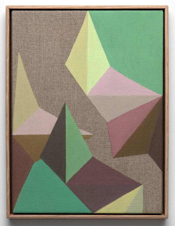 Orla Whelan: Moon, Valley, Dew, Death #125, 2022, oil paint on linen, oak frame, 24 x 18 cm | Orla Whelan: Magnum Chaos | Thursday 23 March  – Friday 28 April 2023 | Hillsboro Fine Art | Image: Orla Whelan: Moon, Valley, Dew, Death #125, 2022, oil paint on linen, oak frame, 24 x 18 cm – configuration of triangular shapes in gentle colours, with some raw canvas showing 