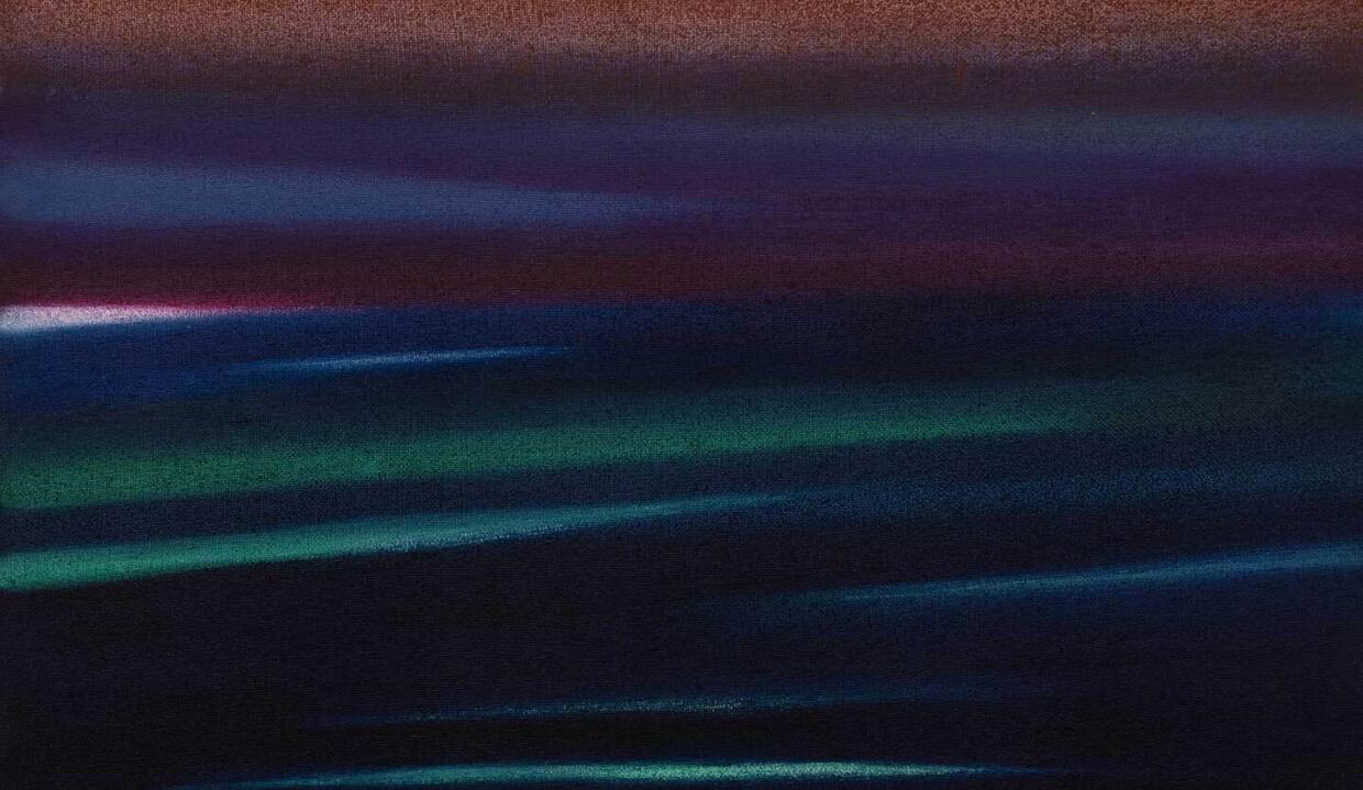 Paul McGrane: I Will Follow You into the Dark | Friday 24 February  – Saturday 22 April 2023 | Rua Red | Image: probably a painting; impression is of silk, folds running horizontally; colours run from muted, dark-ish magenta through turquoise to dark blue, with a glint of near-white in a vertical streak on the left 