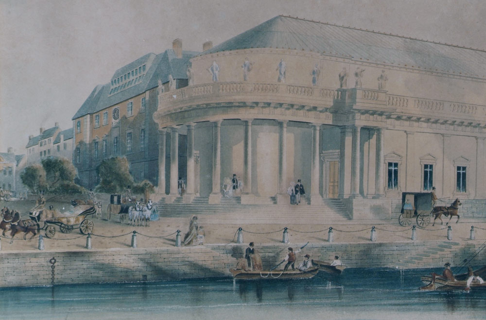 Samuel McDonnell, after Robert Lowe Stopford, View of Cork Opera House (detail), 1857 | SITE OF CHANGE: Evolution of a Building | Saturday 4 March  – Sunday 12 November 2023 | Crawford Art Gallery | Image: Samuel McDonnell, after Robert Lowe Stopford, View of Cork Opera House (detail), 1857 | probably watercolour and gouache; we see the rounded colonnade of a neoclassical building, viewed apparently from the Lee itself; there are people in rowboats, the quay wall, three carriages drawn by horses, people on the steps of the Opera House building; behind we see the building that was then the Cork School of Design, became the Crawford School of Art, and now houses the Crawford Art Gallery; the Opera House survived the Burning of Cork, but not an electrical fire in 1955 