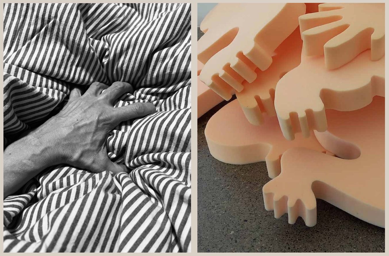 Celine Sheridan & Mel French: Mammalia & Psyche | Saturday 25 February  – Sunday 16 April 2023 | Limerick City Gallery | Image: two photos side by side; the first, in black and white, shows a left hand grasping what looks like a striped duvet; in the right-hand photo we see what look like cutouts in pale-orange foam; the shapes hand-like 