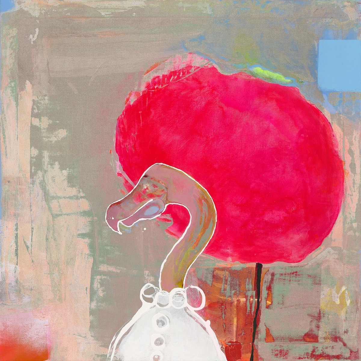 Cléa van der Grijn: Flamingo and Alice, mixed media on linen, 108 x 108cm | Cléa van der Grijn: The disembodied adventures of Cléa  | Thursday 9 February  – Saturday 4 March 2023 | Solomon Fine Art