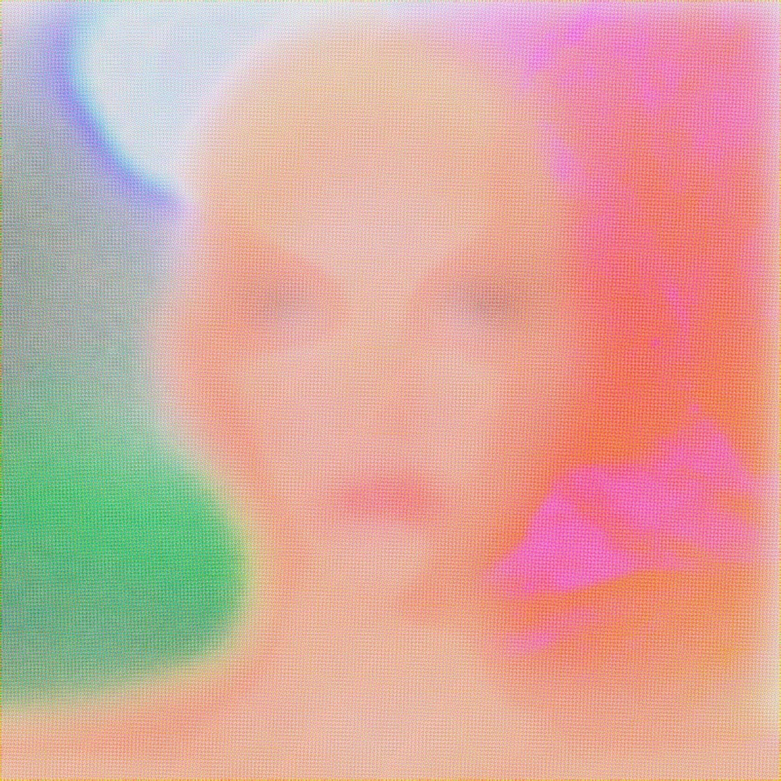 Visual by Isabella Utria Mago, 2023 | Brian Cooney, Catherine Fay, Anna Keane, Liadh Kelleher, Lois Kelleher, Leda Scully and Isabella Utria Mago: Intangible Atmospheres | Tuesday 18 April  – Saturday 22 April 2023 | Solstice Arts Centre | Image: Visual by Isabella Utria Mago, 2023 – blurry, unevenly pixellated image of a face in fairly strong pastel colours 