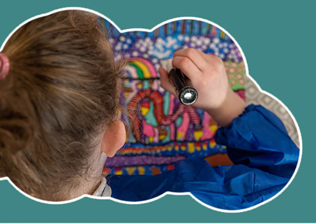 Living Arts Project Exhibition 2023 | Tuesday 4 April  – Saturday 29 April 2023 | Wexford Arts Centre | Image: close-in photo of a pupil, seen from above and behind, hold a large white marker while working on an art piece, all inside a cloud shape 