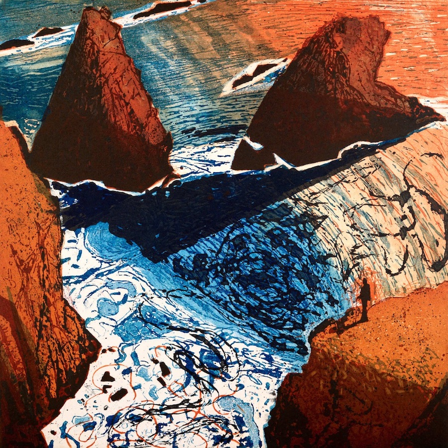 Niall Naessesns: Man Contemplating the Sea, by Lord Byron, etching and aquatint | Niall Naessens: The Last Man in Europe | Saturday 11 March  – Saturday 15 April 2023 | Graphic Studio Gallery | Image: Niall Naessesns: Man Contemplating the Sea, by Lord Byron, etching and aquatint – strongly coloured square print (mostly orange, blue, black, white); there's a small figure bottom right on an outcropping overlooking a rough sea with large rocks (stacks?) sticking out from it 