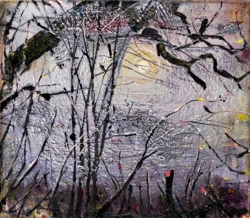 Elizabeth Magill: Hoar, 2017, oil on canvas, 36 x 41cm | Permanent Collection Spring Exhibitions 2023 | Friday 10 February  – Sunday 30 April 2023 | Limerick City Gallery | Image: Elizabeth Magill: Hoar, 2017, oil on canvas, 36 x 41cm – we see a dim sun through dark, bare branches and foliage 