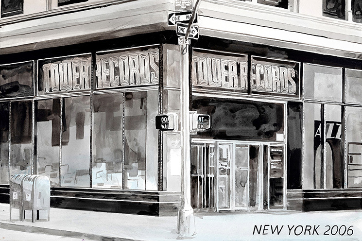 Ellen Harvey: The Disappointed Tourist: Tower Records, 2020. Oil and acrylic on Gessoboard, 45.7 x 61 cm. Photograph: Etienne Frossard | Ellen Harvey: The Disappointed Tourist | Saturday 15 April  – Sunday 28 May 2023 | Butler Gallery | Image: Ellen Harvey: The Disappointed Tourist: Tower Records, 2020. Oil and acrylic on Gessoboard, 45.7 x 61 cm. Photograph: Etienne Frossard  – black-and-white, probably watercolour, painting of a Tower Records shop in New York, possibly in 2006 